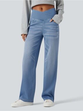 Halara Flex Crossover Jeans Size XL Blue High Waisted Straight Leg Stretch Denim